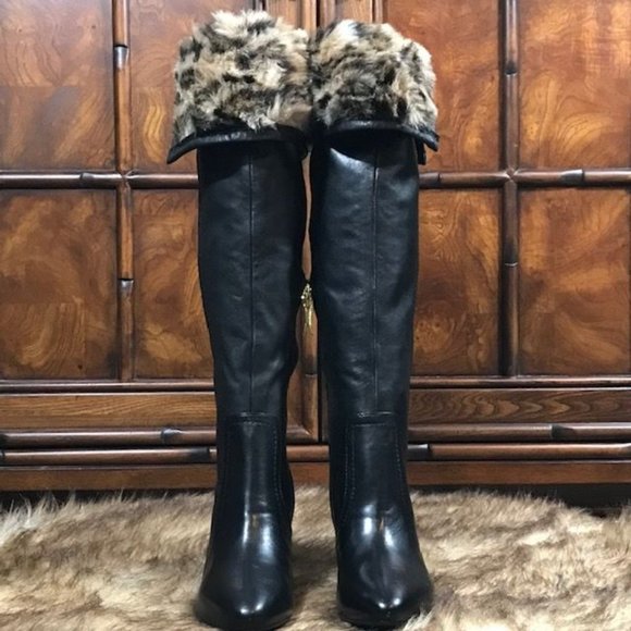 Guess Genuine Leather Leopard Faux Fur Knee High/Over the Knee Logo Ring Boot - Picture 2 of 16